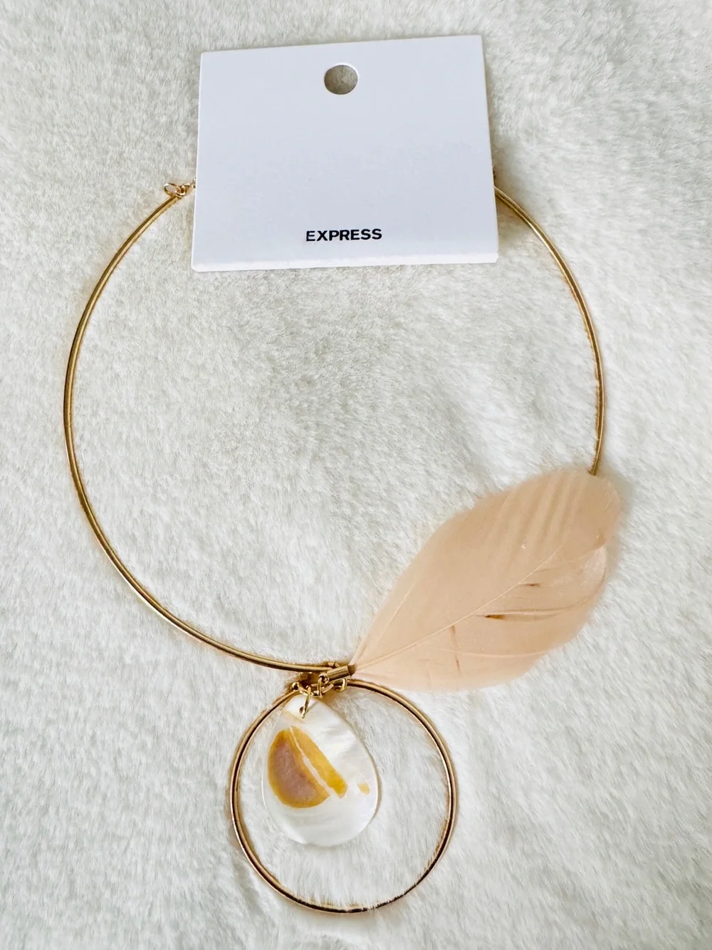 Express Shell and Feather Boho Gold Tone Collar Necklace - NWT